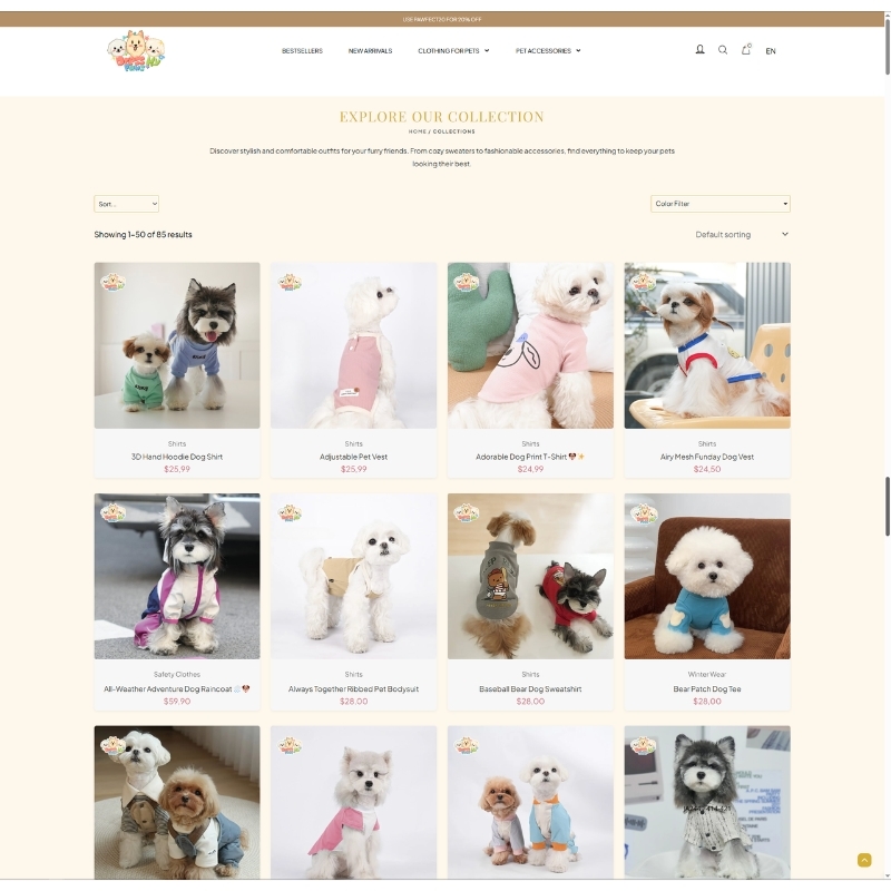 6 A screenshot of the DressMyPaws.com product collection displaying different outfits