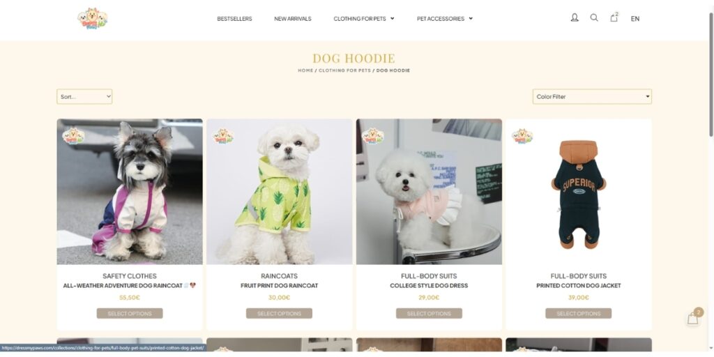 A screenshot of the DressMyPaws.com store page showcasing hoodies