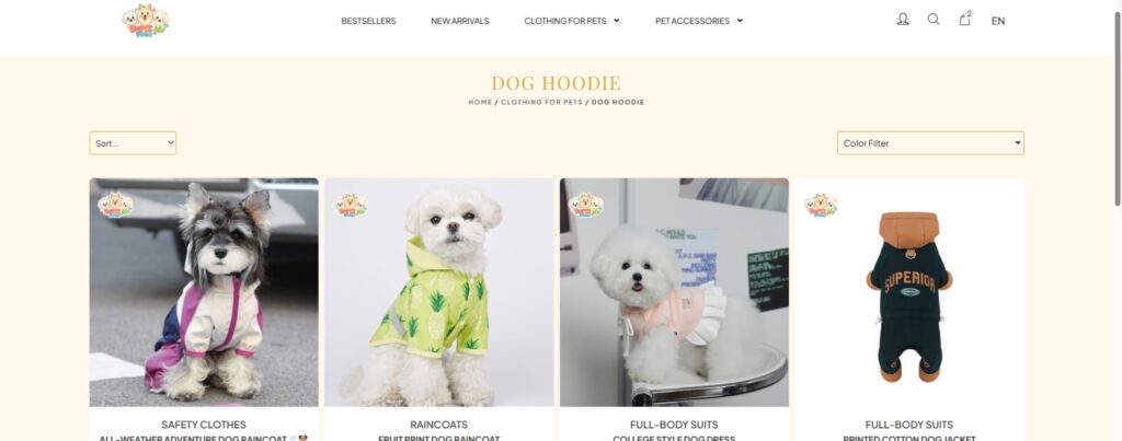 Screenshot of an online store displaying winter dog hoodies