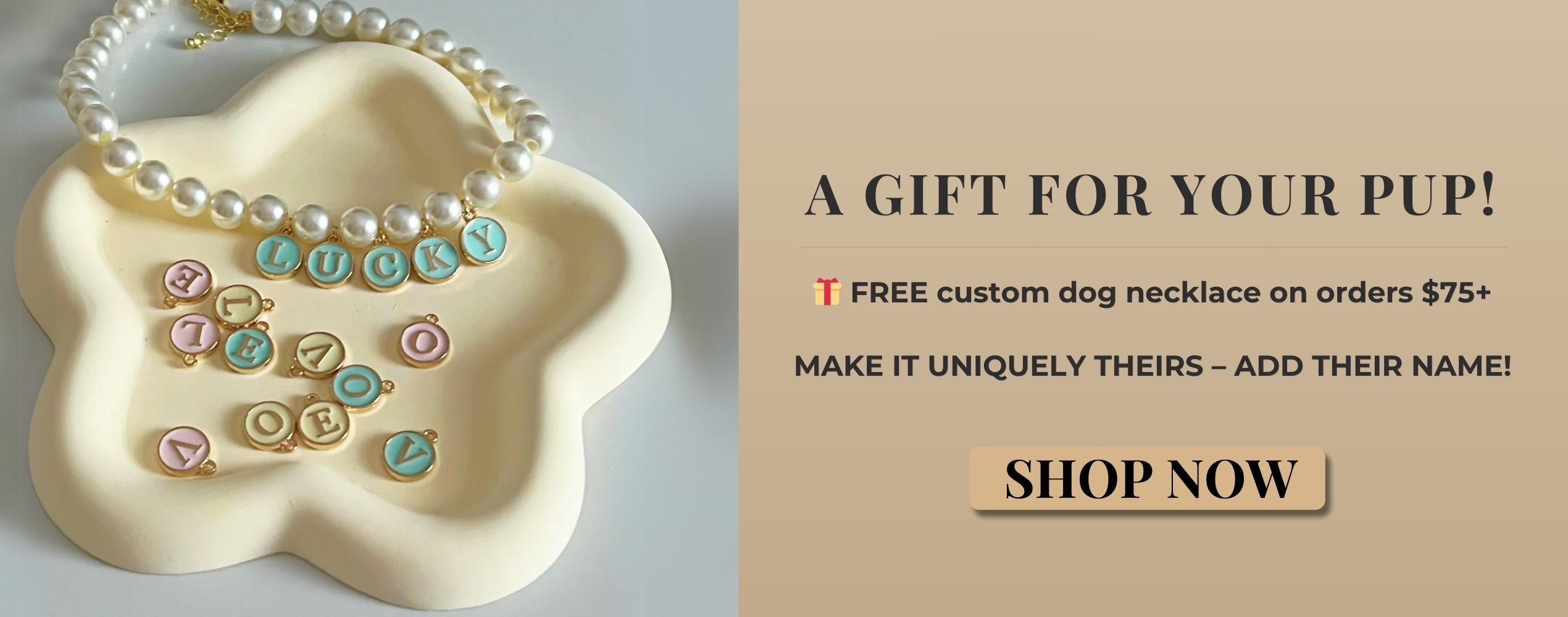 Elegant custom dog necklace with pearl and gold accents, free with orders over $75.