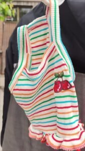 Striped Lace Trim Sling with Cherry Embroidery